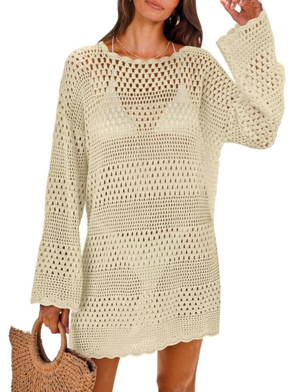 〽️Women's Swimsuit Cover Up Beige Summer Pull On Mesh Knit Crochet Dress Crochet